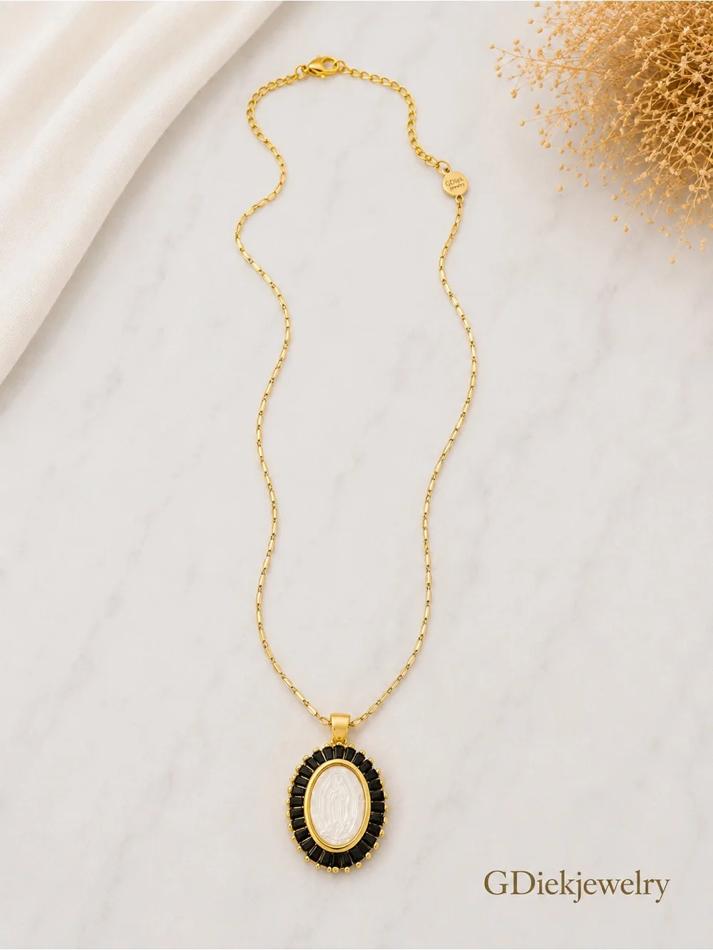 Goldfilled Necklace,Black Crystals and White mother Pearl Oval Virgin pendant